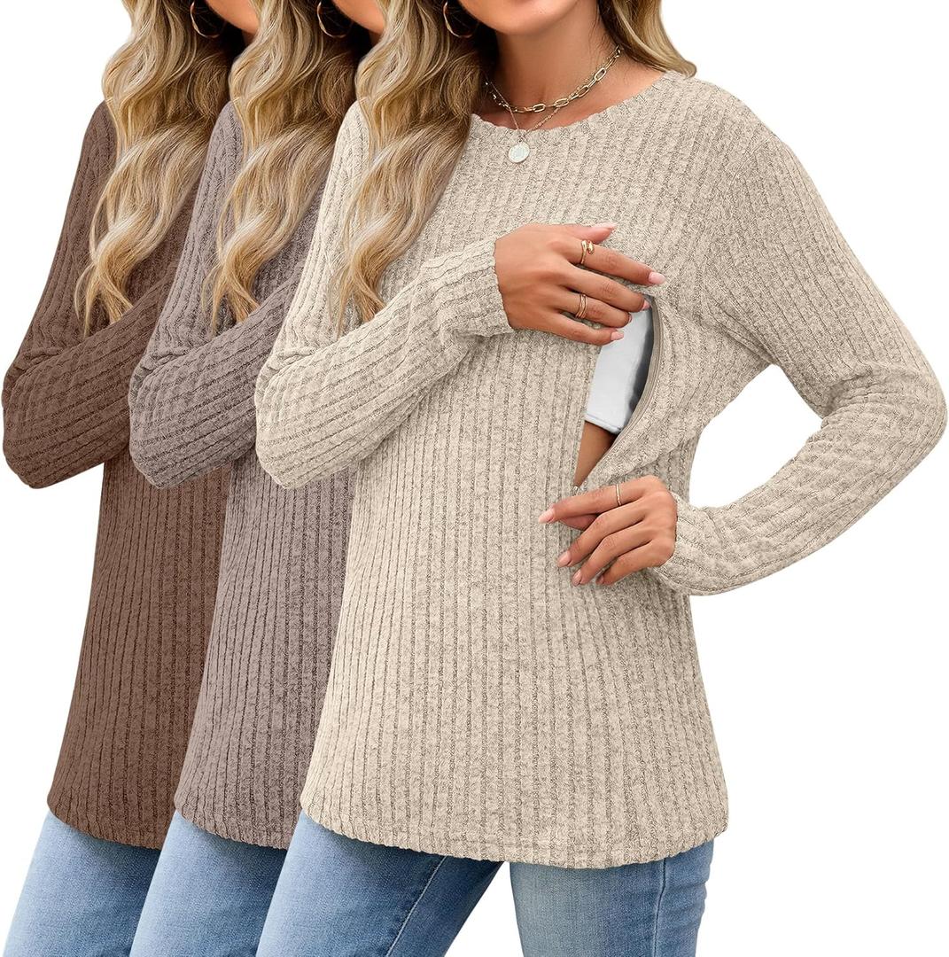 3 Pack Women's Nursing Tops Breastfeeding Shirts Long Sleeve Maternity Ribbed Sweaters with Hidden Zipper (Medium, Brown, Coffee, Apricot)