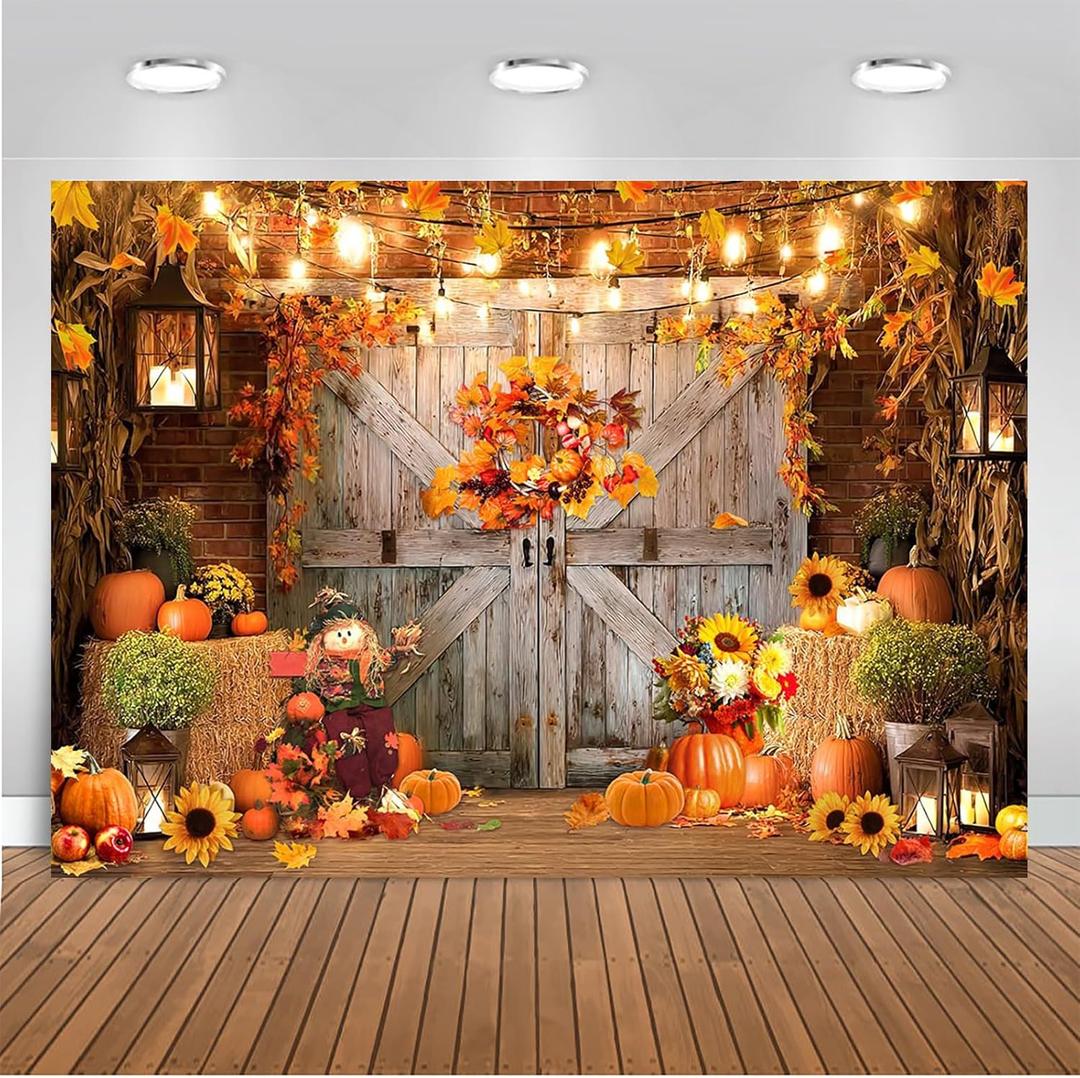 Mocsicka 8x6ft Fall Backdrop for Photography Rustic Wooden Door Autumn Maple Leaves Pumpkins Background Fall Thanksgiving Day Friendsgiving Party Decorations
