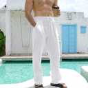 Mens Linen Pants Casual Beach Pants for Men Elastic Waist Drawstring Yoga Trousers with Pockets (White, XL)