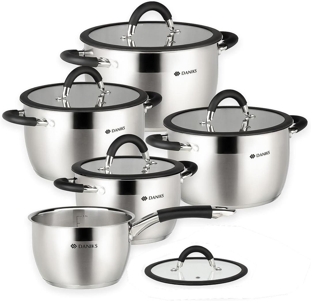 Daniks Orlando 10-Piece Stainless Steel Cookware Set with Glass Lids, Includes Saucepan, Tri-Ply Bases for Even Heating, Induction Compatible, Dishwasher Safe, Heatproof Handles
