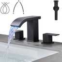 LED Light Black Waterfall Bathroom Faucet 3 Holes - 8Inch Widespread Bathroom Sink Faucet | Two Handles Lavatory Vanity Sink Faucets with Pop-up Drain Assembly & Supply Lines