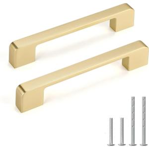 10 Pack 5 Inch Brushed Gold Cabinet Pulls Solid Zinc Alloy Gold Cabinet Handles - Brushed Brass Dresser Drawer Pulls for Kitchen Cabinet Hardware Zinc Alloy Handles (5 Inch (128 mm) Hole Centers)