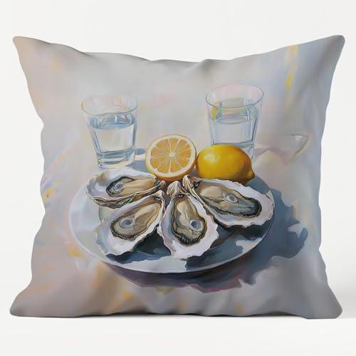 QEJ Lemon Oyster Coastal Beach Themed Pillow Cover 18x18, Coastal Ocean Oyster Shell Seafood Decorative Throw Pillow Cover for Beach House Bedroom Dining Room