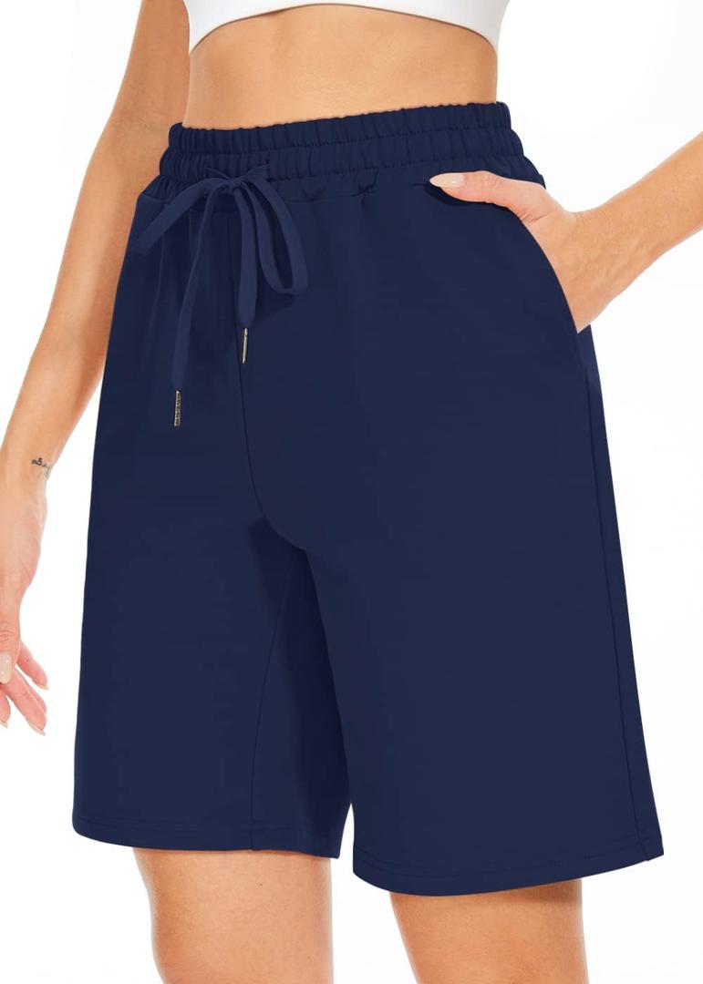 TARSE Women's Bermuda Shorts Long Cotton Loose with Pockets Knee Length for Yoga Casual Walking Exercise Shorts (XX-Large, Navy)