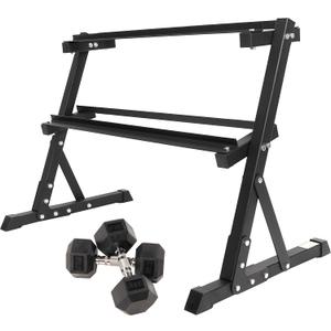 Signature Fitness Fitvids Rubber Encased Hex Dumbbell  25LB Pair with 2-Tier Rack  25LB Pair with 2T-Rack, Bundle  Black