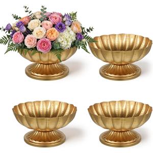 4 Pcs Gold Compote Pedestal Vases, 7'' Wide 3.94'' High Distressed Vintage ecorative Antique Urn Planter Vase for Wedding Tables Event Anniversary Party Indoor Outdoor Activity