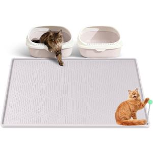 Large Cat Litter Mat with Toy Ball, 38'' x 25'' Silicone Cat Litter Trapping Mat for Scatter Control, Soft on Kitty Paws, Easy to Clean (White)