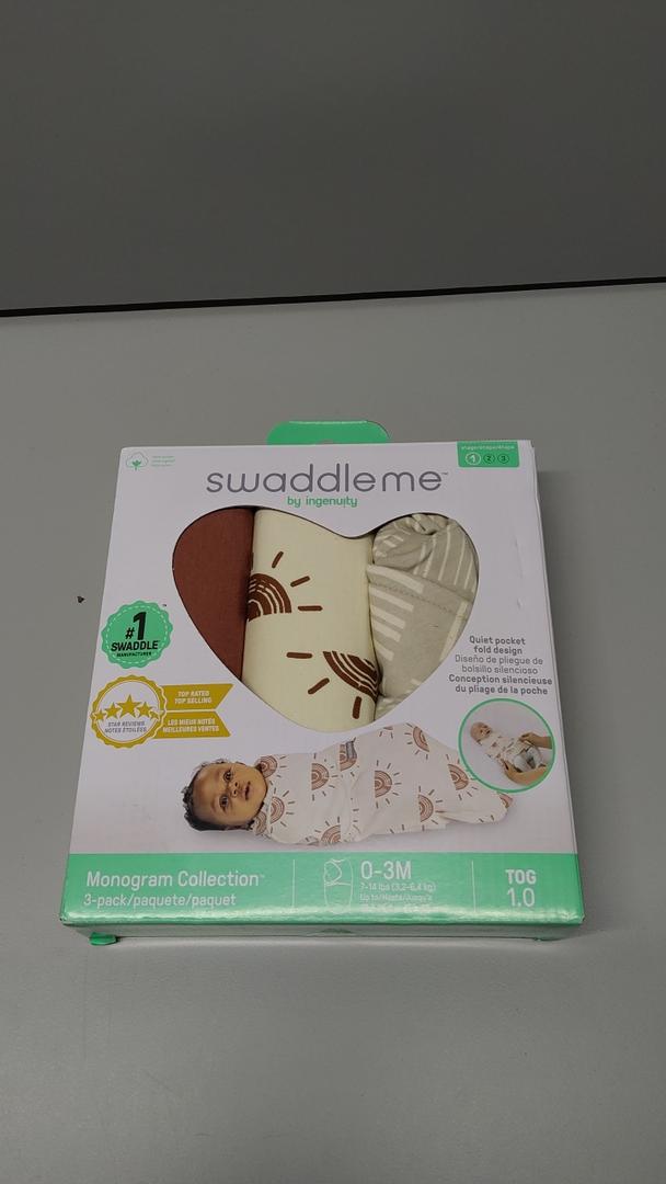 SwaddleMe by Ingenuity Monogram Collection Baby Swaddle, 100% Cotton, Improves Sleep & Calms Startle Reflex, 0-3 Months, Pocket Fold Design for Easy Changes, 1.0 TOG, 3-Pack - Rising Sun
