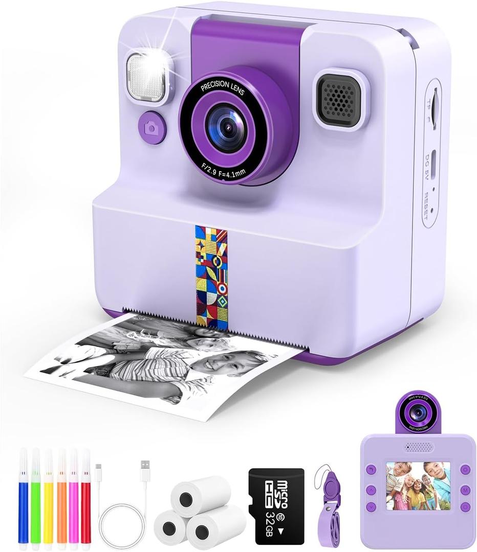 Nreonrick Kids Camera Instant Print, Selfie Digital Instant Cameras, Reversible Lens Mini Toddler Camera with 3 Roll Paper Toys for Boys Girls Age 3-12 in Halloween Christmas Birthday 32GB Card Purple