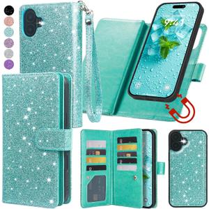 Varikke for iPhone 17 Wallet Case Detachable with RFID Blocking Card Holder for Women, Glitter PU Leather Wrist Strap Strong Magnetic Flip Removable Phone Case Cover for iPhone 17 6.3", Mint Green