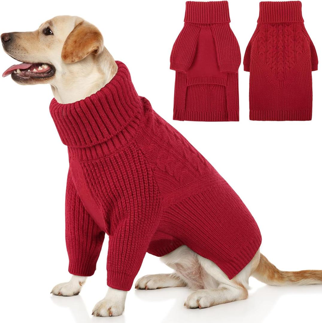 Queenmore Dog Sweater, Puppy Sweater for Small Dogs,Warm Winter Fall Dog Sweaters for Dog Girls Boys, Solid Turtleneck Knit Sweater for Large Medium Dogs,Long Sleeves Christmas Dog Sweater Red,L