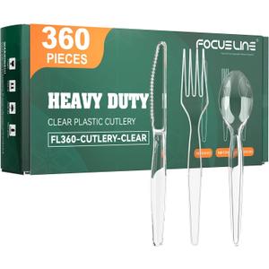 FOCUSLINE 360 Count Clear Plastic Silverware, 120 Forks, Knives and Spoons Each, BPA-Free, Heavy Duty Disposable Cutlery Set, Premium Disposable Flatware Plastic Utensils for Party Everyday Use