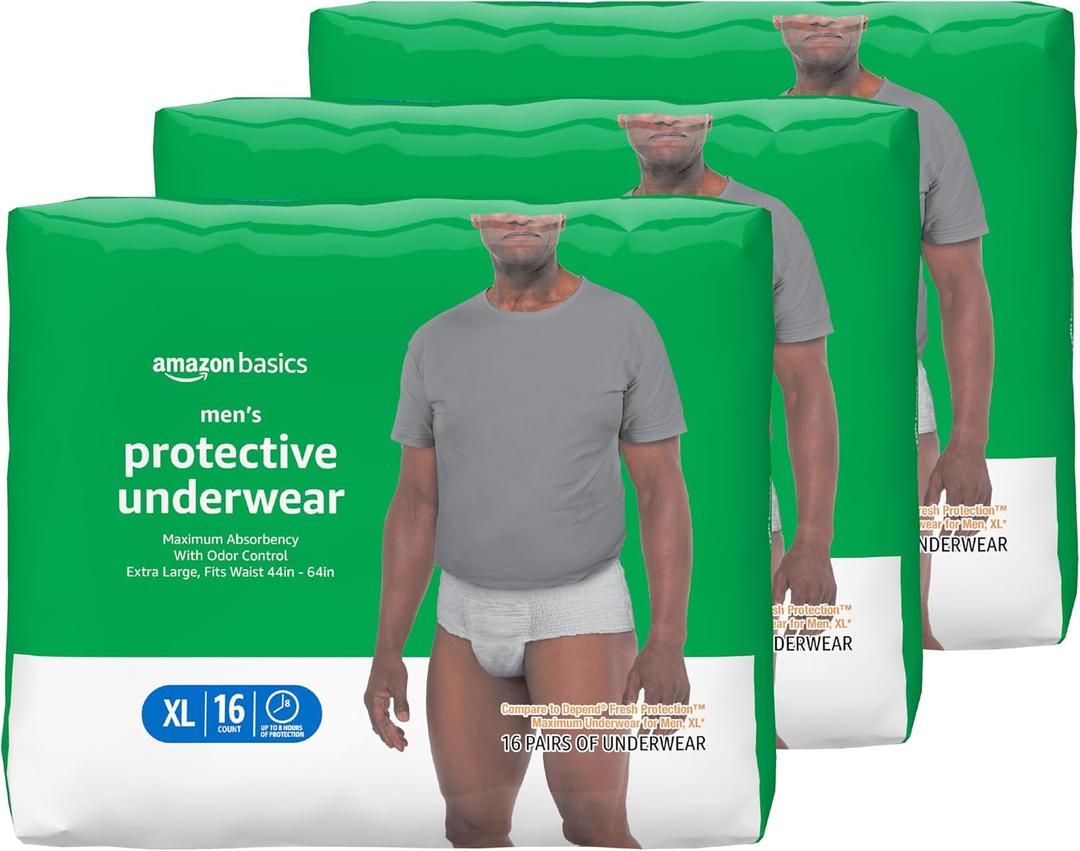 Amazon Basics Maximum Absorbency Incontinence Underwear for Men with Leak Protection, Moisture Control, Bladder Leak, X-Large, 48 Count (3 Packs of 16)