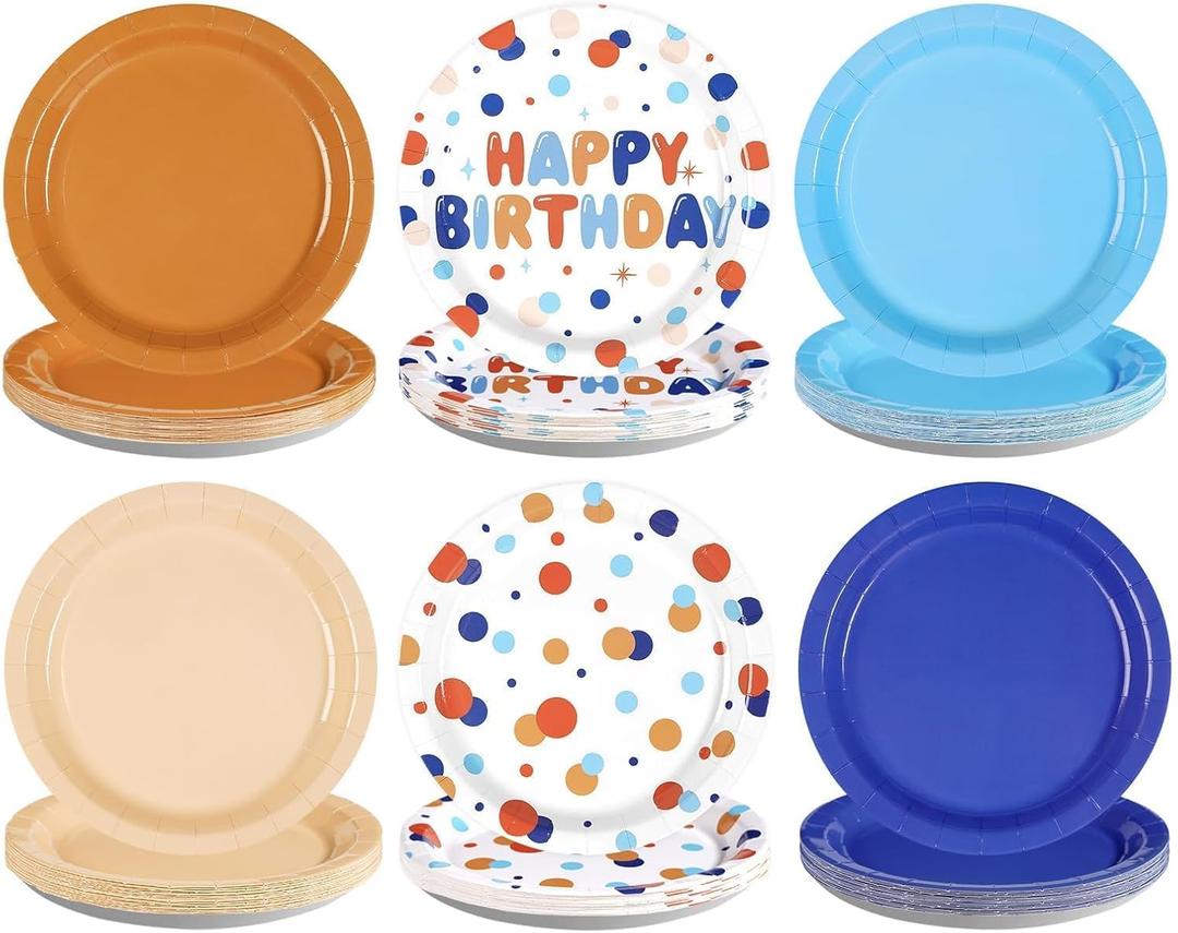 60Pcs Blue Cartoon Dog Birthday Party Supplies 9" Orange Blue Plates Puppy Tableware Set Disposable Colorful Polka Dots Paper Plates Dog Party Decorations for Kids Boys Girls Birthday Baby Shower