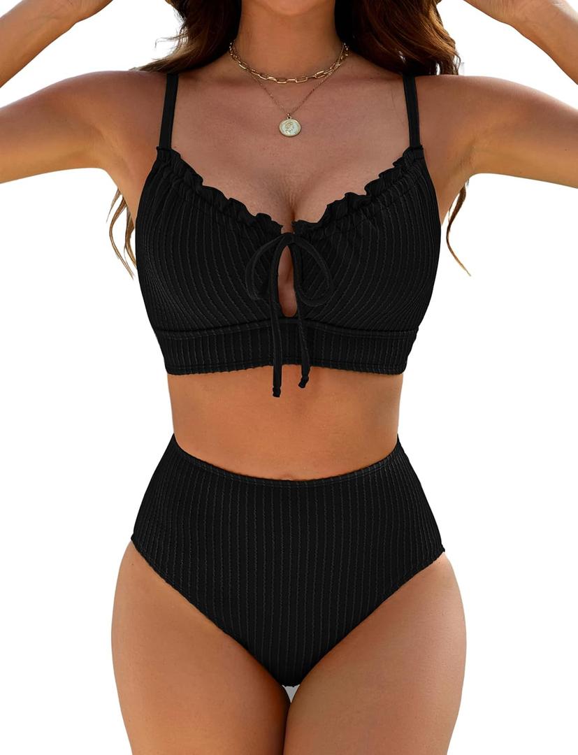 BMJL High Waisted Bikini Sets for Women Textured Tummy Control Swimsuits Two Piece Cutout Beach Swim Bathing Suits 2026 (Black, L)