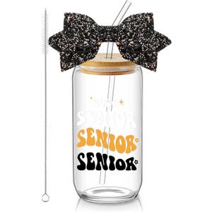 Hushee Class of 2027 Senior Night Gifts 16 oz Glass Water Bottle with Lids Straws Glitter Bow Straw Topper Senior 2027 Tumbler Graduation Gift for Her Women Team Coach Player(Black)