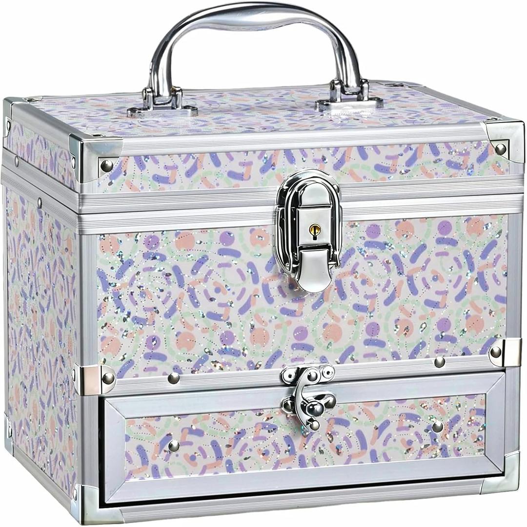 Hododou Girls Jewelry Box Organizer with Drawer & Mirror, Shiny Pink Style Lockable Storage Case for Kid or Little Girls Jewelry and Hair Accessories Lilac