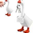 Magnetic Goose Key Holder with Card, 7 Inches Desktop Resin Goose Duck Statue Sculpture for Key Hanger (White)