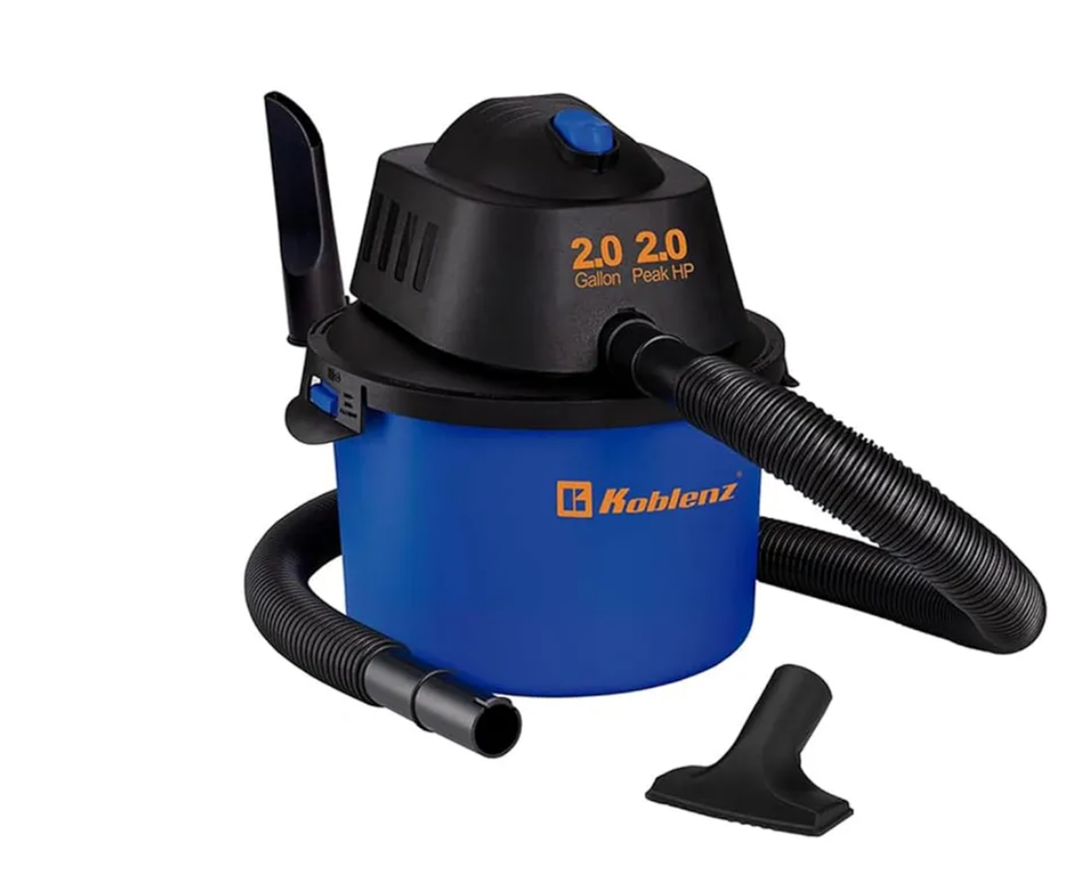 Koblenz WD-2L Portable Wet Dry Vacuum, 2-Gallon 2 PHP Suction Plus Blower Vacuum Cleaner for Liquids, Dust, Pet Hairs, 10' Reach, Ideal for Home, Car, Garage, Shop, Accessories Included, Blue/Black