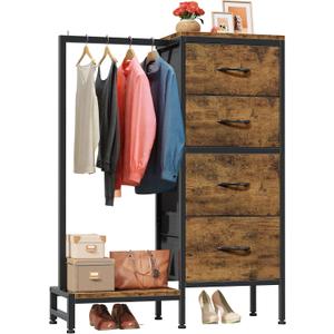 HIGDBFE Dresser with Hanging Rack, 4 Drawers Small Closet for Bedroom, Reversible Fabric Kids Chest of Drawers with Clothes Rack, Tall Storage Tower, Sturdy Frame, Rustic Brown, 44''H
