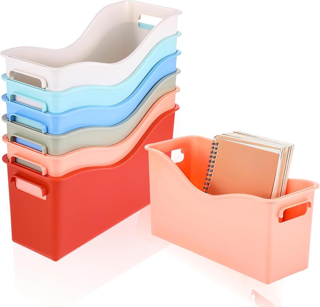 6 Pack Plastic Book Binder Holders, 6 Colors Classroom Storage Bins with Handles, Stackable Organizing Bins for Library Home Office, 13.6X5X7.1 Inch