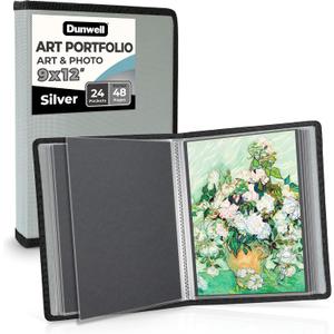 Dunwell Art Portfolio 9x12 Folder (Silver), Black Mounting Paper, Portfolio Binder for Artwork, 9 x 12 Art Folder, 24 Pockets Display 48 Pages, Acid-Free Poly Presentation Book, 9x12" w/ BLK Paper
