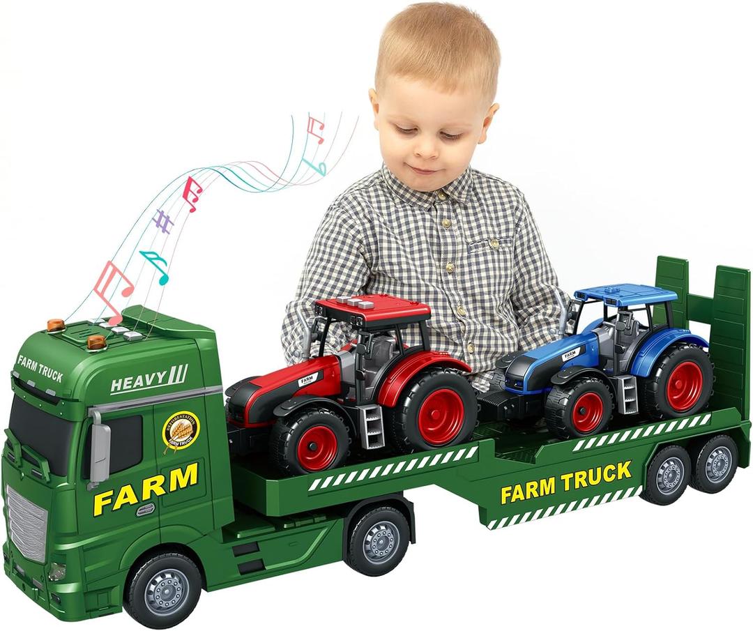 3-in-1 Farm Truck Toys for Kids Ages 3-6 25.6 Inch Extra-Large Inertia Semi Trailer with Lights & Sounds, Detachable Tractor and Light & Sound Farm Vehicle