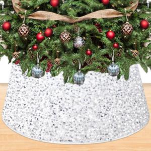 Christmas Tree Collar White Classic Sequin Tree Skirts 28.8 Inch Mermaid Christmas Tree Ring Base Glittery Velvet Tree Collars Luxurious Xmas Tree Box Stand for Holiday Large Trees Decor