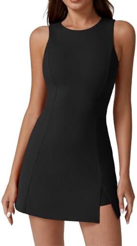 QINSEN Womens Crew Neck Tennis Dress Sleeveless Side Slit Golf Athletic Dress Build in Shorts with Pockets L
