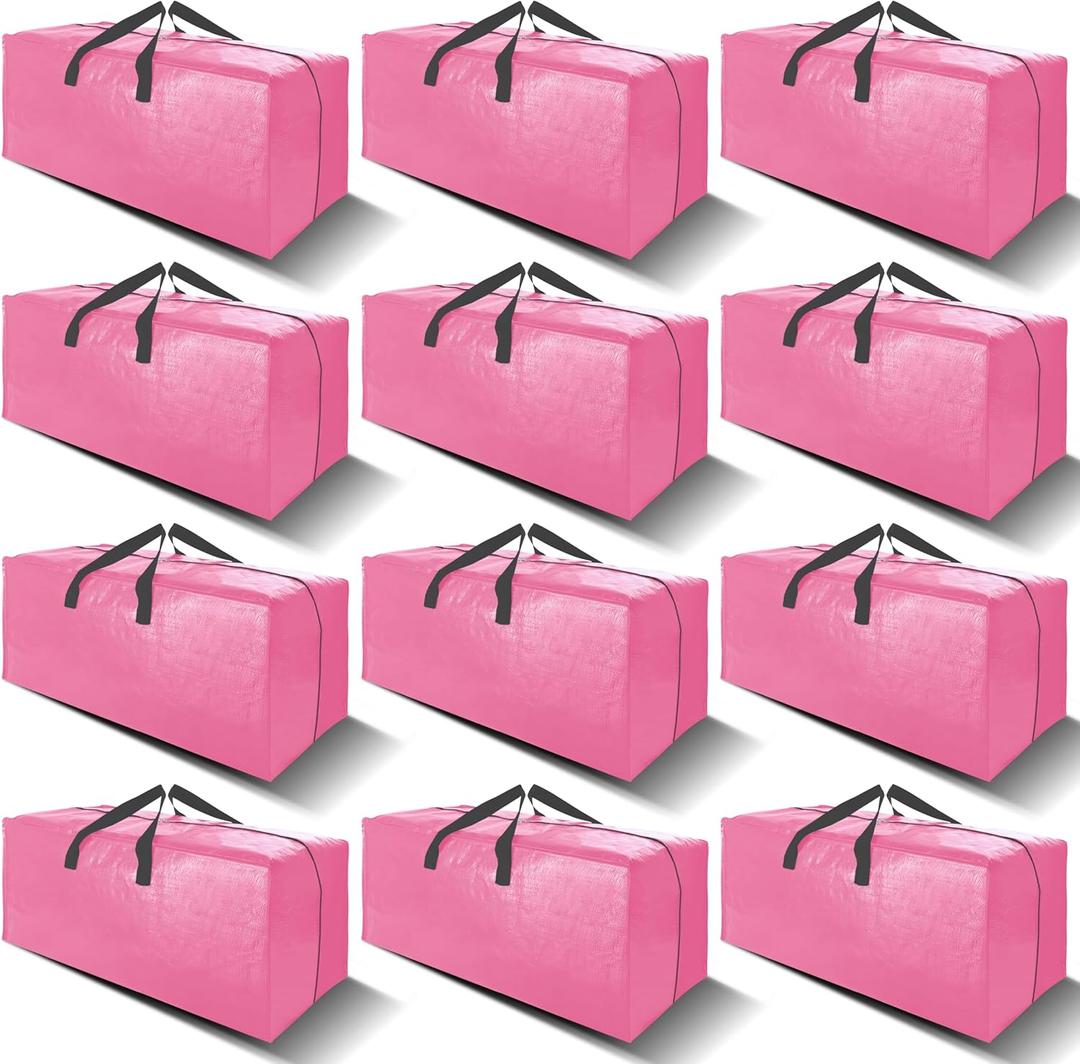 VELVETSURE 12 Pack Heavy Duty Large Moving Bags W/Backpack Straps - Strong Handles & Zippers, Storage Totes For Space Saving, Fold Flat, Alternative to Moving Box and Storage Bin, Pink