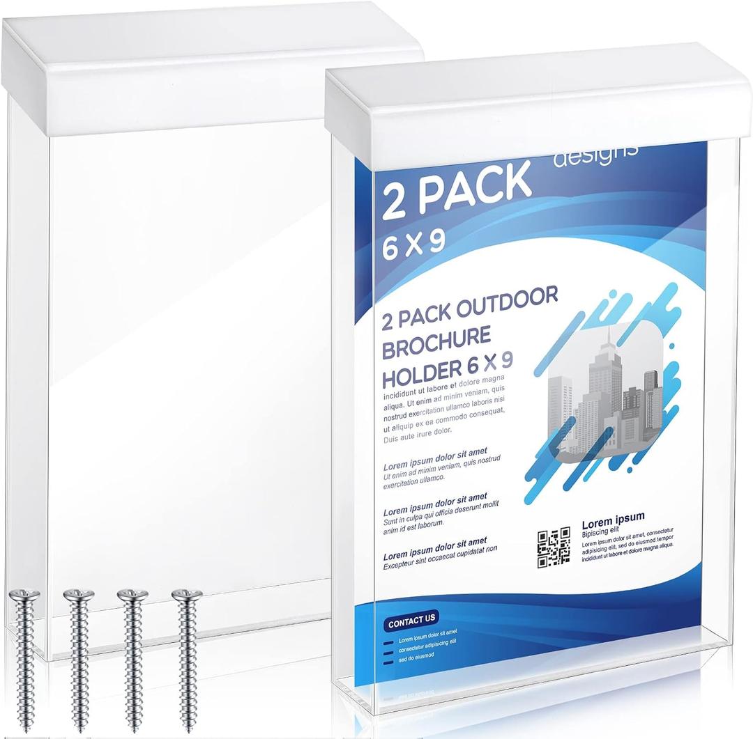 2 Pieces Acrylic Outdoor Brochure Holder 6 x 9 Inch Clear Wall Mount Literature Box with White Lid Wall Mounting Waterproof Pamphlet Holder with 4 Screws for Pamphlet Map Menu Flyer Display