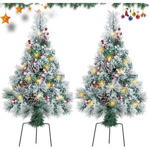 2.5FT Outdoor Pathway Christmas Tree Lighted Pre-Lit Snow Flocked Artificial Christmas Pine Trees Porch Small Xmas Tree Battery Lights with Red Berries, 8 Mode for Entrance,Grave (2PACK) (White)