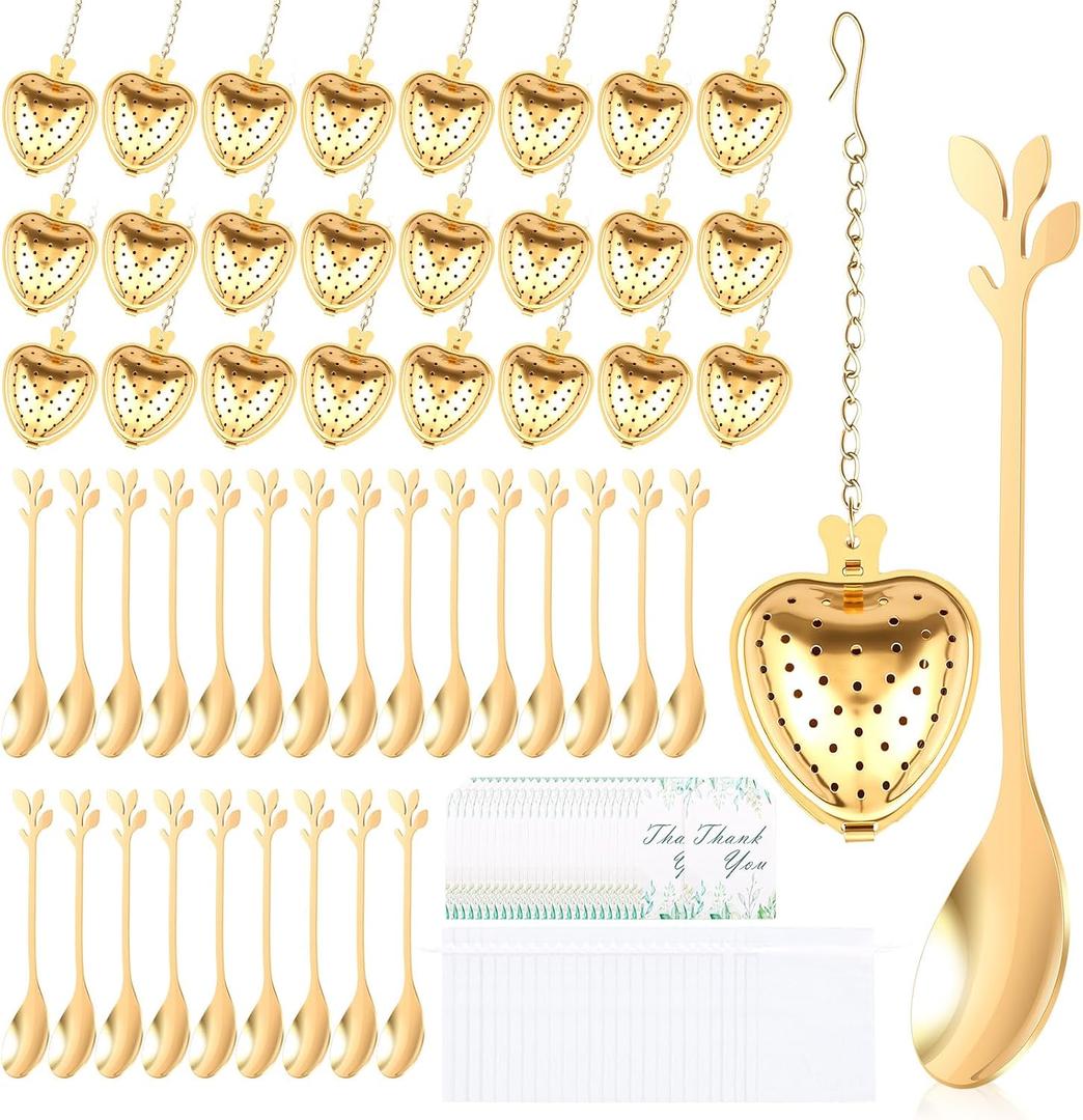 25 Sets Bridal Shower Tea Party Favors for Guests,Mini Spoons, Heart Shaped Tea Infusers, Thank You Cards, and Organza Present Bags, Wedding Souvenirs for Guests(Gold)