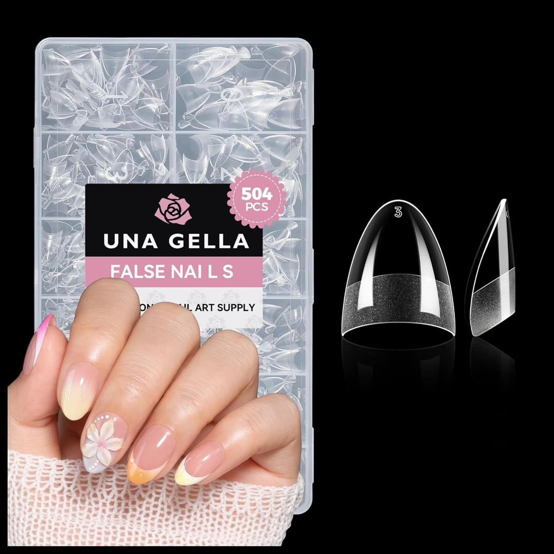 UNA GELLA Short Almond Gel Nail Tips: 504PCS Acylic Nail Tips Almond Shape Extra Short Pre Etched Half Cover 12sizes Salon Quality Soft Press On Nails DIY for Home Nails Extension