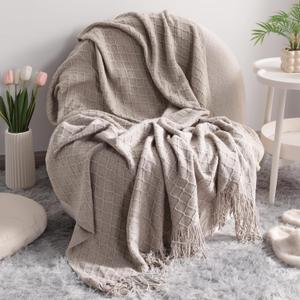 NTBAY Acrylic Knitted Throw Blanket, Lightweight and Soft Cozy Decorative Woven Blanket with Tassels for Travel, Couch, Bed, Sofa, 51x67 Inches, Taupe Checkered