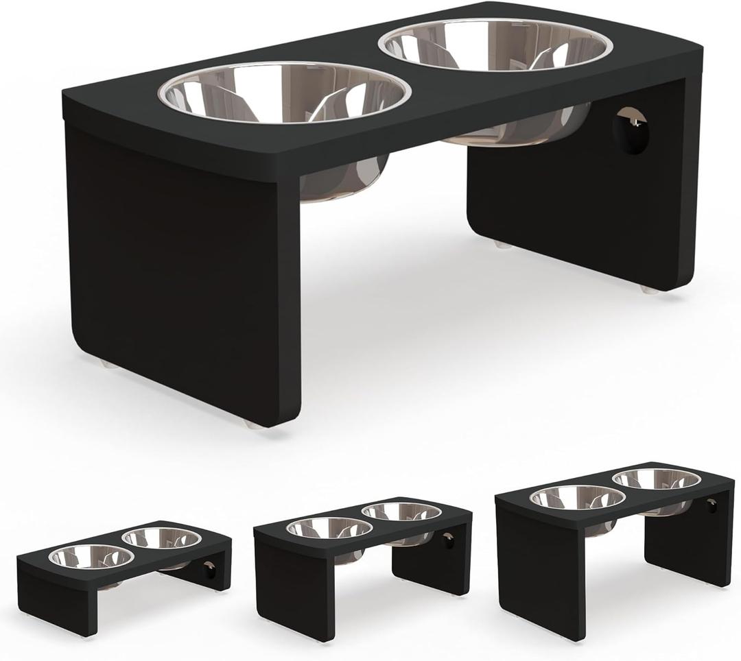 Elevated Dog Bowls, Bamboo Raised Dog Bowl for Medium Dogs, with 2 Stainless Steel Bowls (7'' Tall-30 oz Bowl) (Black)