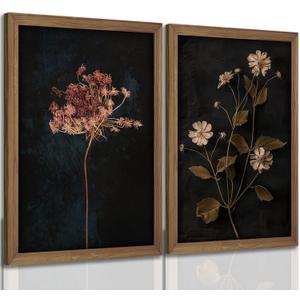 2Pcs Framed Vintage Wall Art Prints, Retro Moody Floral Botanical Canvas Painting Farmhouse Decor, Black Dark Flower Picture Poster for Bathroom, Bedroom, Living Room, Gallery 12X16In