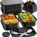 Adults Bento Lunch Box Set with Thermo Bag, 74oz Stackable Leak-proof 3-tiers Bento Box, Built-in Utensil and Sauce Container for Work, School, Dining Out (Black)