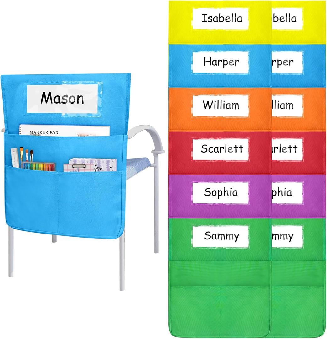 Chair Pockets for classrooms, 6 Bright Color Seat Storage Organizer for Kids School Supplies with 2 Large Pockets Keeps Students Organized and Classrooms Neat (12 Pack)