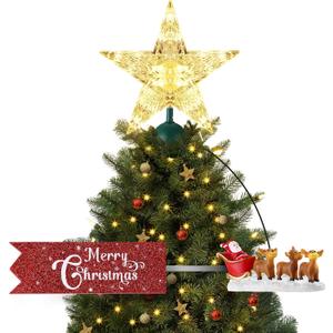 Santa Express Rotating Christmas Tree Topper Animated Santa's Christmas Reindeer's with Banner, LED Lighted 3D Pentagram Tree Topper for Xmas Decorations