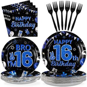 Grencian 96Pcs 16th Birthday Party Decorations for Boys Blue and Black 16th Birthday Plates Disposable Official Teen 16 Tableware for Teen Boys Im 16 Bro 16 Years Old Party Supplies Serves 24