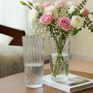 2 Clear Plastic Flower Vase, 10.2" Acrylic Rose Bouquet Vases for Home Decor Centerpieces Wedding Birthday Mothers (D4.6 2 + 2 Holder)
