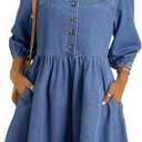 Sidefeel Women's Spring Outfit Denim Dress 3/4 Sleeve Loose Fit Square Neck Summer Jean Dresses with Pockets Blue M