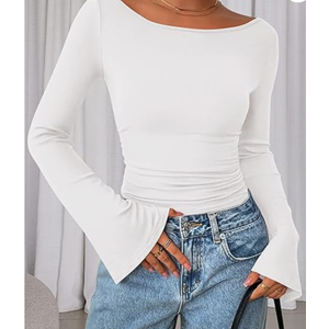 PRETTYGARDEN Womens Long Sleeve Shirts 2026 Spring Crop Going Out Tops Casual Boat Neck Bell Sleeve Ribbed Ruched Y2K Clothes
(XX-Large, White)