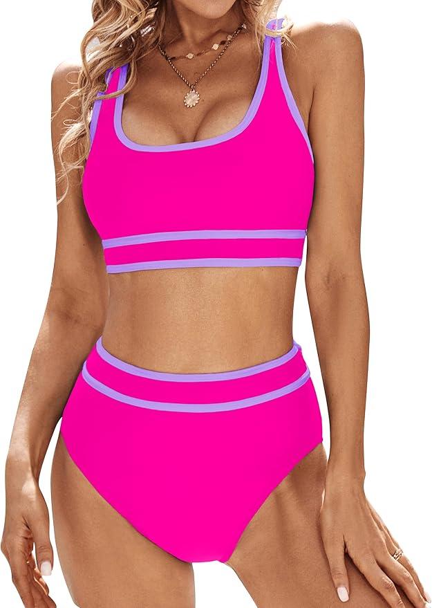 Blooming Jelly Women's Bikini Sets High Waisted Two Piece Swimsuits Sporty Color Block Cheeky High Cut Bathing Suits 