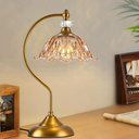 Vintage Table Lamp with a Floral Amber Glass Shade, A Plug-in Nightstand Lamp in Matte Brass Finish for Bedroom, Living Room,Office, and Desk