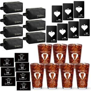 Amylove 7 Sets Groomsmen Gifts Set Wedding Proposal Gift 16 oz Beer Glass Cup Toiletry Bag and Bottle Opener Cap for Best Man PU Leather Cosmetic Bags with Zipper Greeting Card for Wedding(Black)