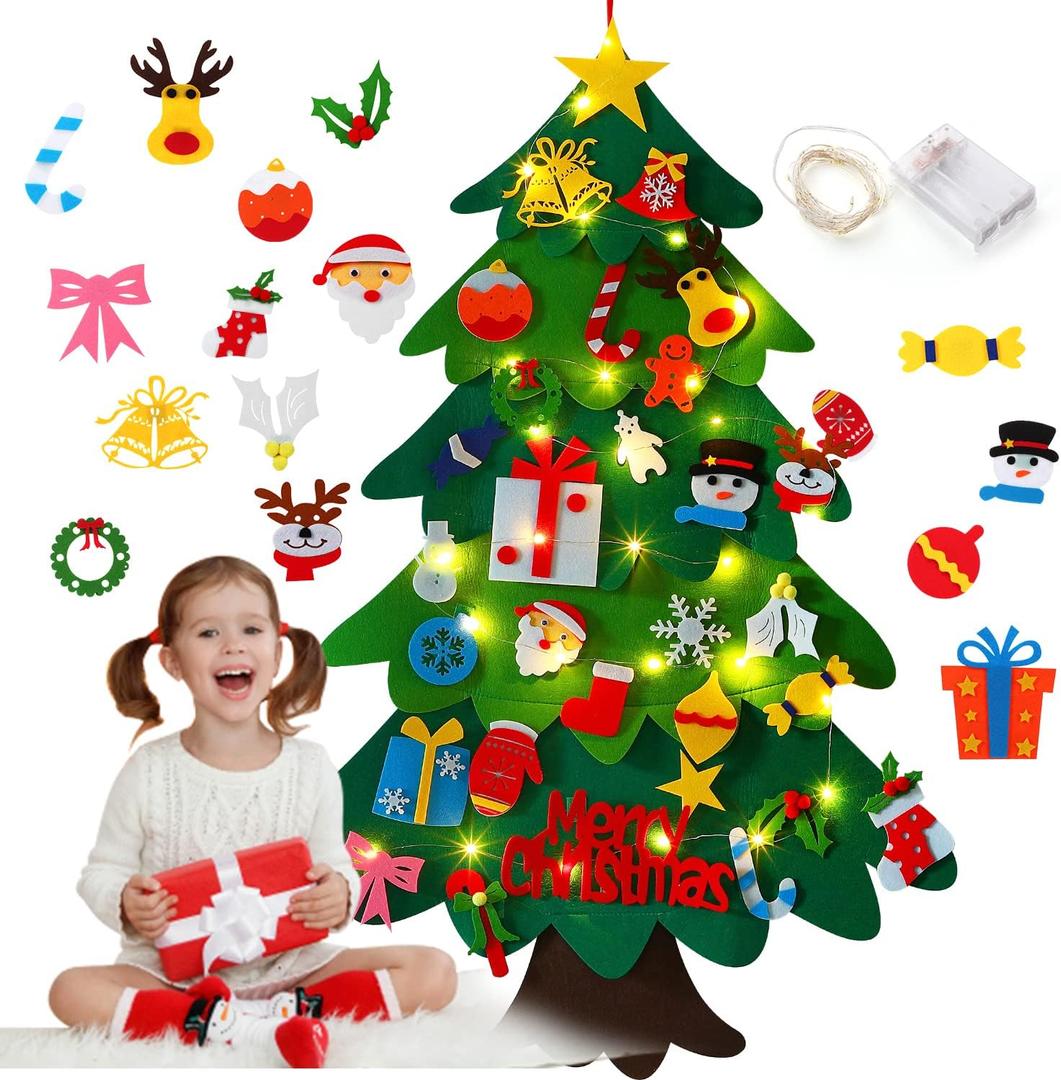 CCINEE Christmas Felt Tree, 3.5ft DIY Felt Xmas Tree with LED Lights 40pcs Detachable Ornaments for Kids Gifts Christmas Wall Door Hanging Decorations