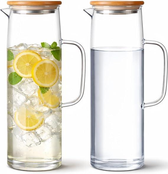 Hsei 2 Sets Glass Pitcher with Lid, 50 oz / 1500 ml Water Carafe with Handles Hot Cold Beverage Water Jar Glass Jug for Tea Juice Milk Coffee Iced Beverage (Glass Lid)