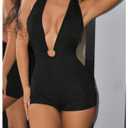 Floerns Women's Deep V Neck Halter Unitard Sleeveless Backless One Piece Short Jumpsuit Brown Large